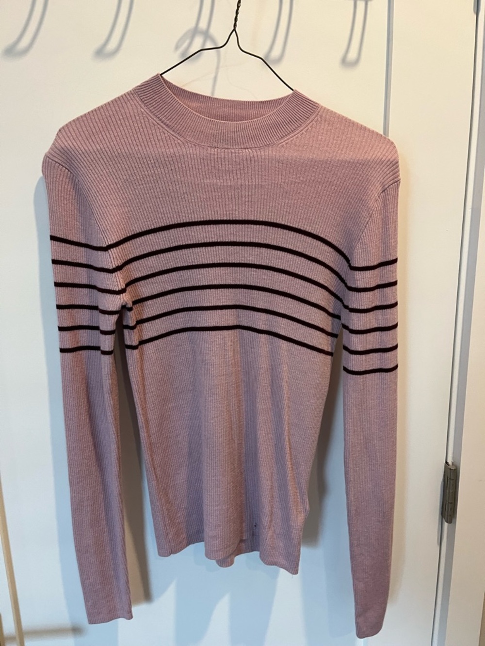 Massimo Dutti Blush Pink Ribbed Crewneck Sweater with Black Stripes